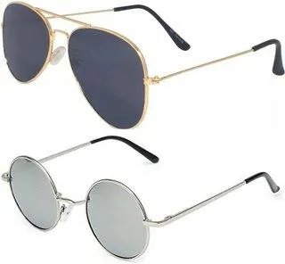 Round, Aviator Sunglasses (For Men & Women, Black, Silver)