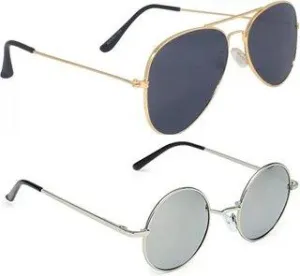 Round, Aviator Sunglasses (For Men & Women, Black, Silver)