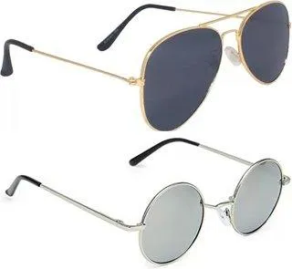 Round, Aviator Sunglasses (For Men & Women, Black, Silver)