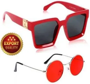 Round, Retro Square Sunglasses (For Men & Women, Red, Red)