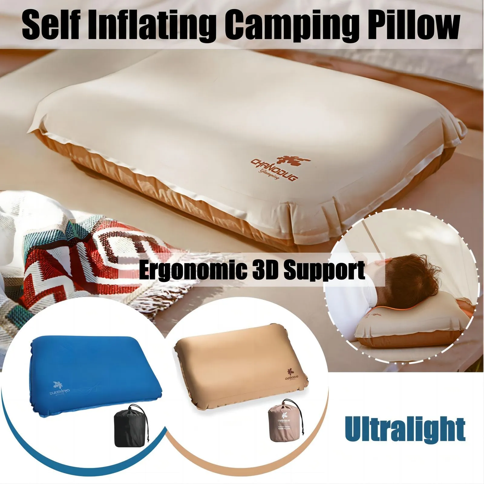 Self Inflating Camping Pillow with Ergonomic 3D Support, Foam Inflatable Travel Pillow