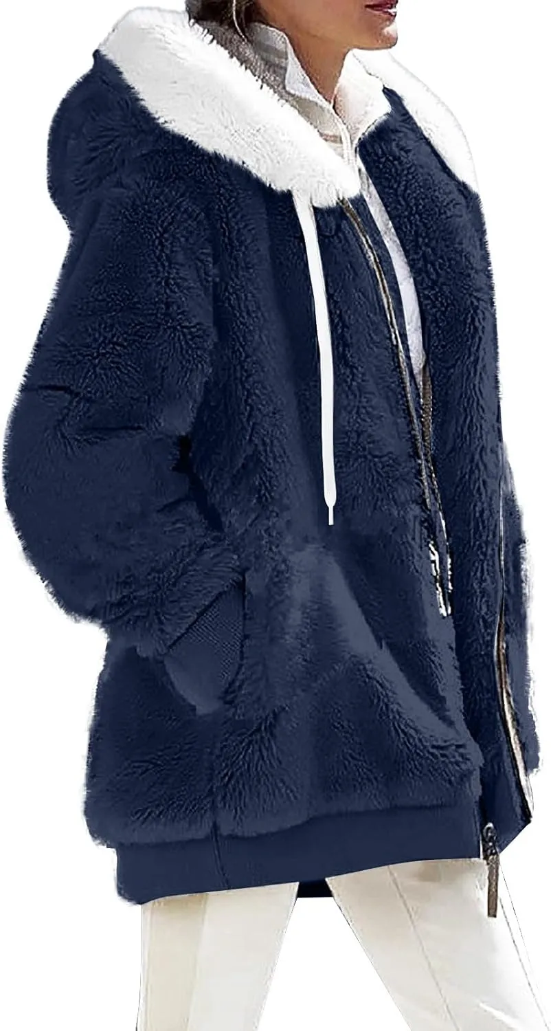 Sherpa Jacket Women Amazon Usa Witner Coats for Women Trendy Lightweight Fuzzy Fleece Jacket Zip Up Hoodie Women Warm Clothes Abrigos De Mujer Invierno En Oferta Holiday Outfits Deals(K-Dark Blue,XL)