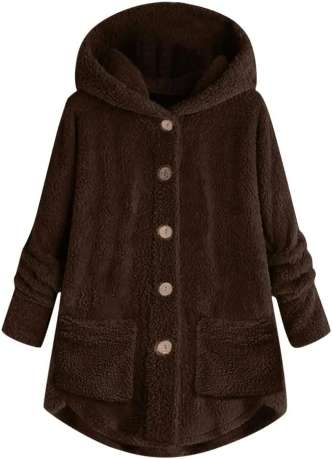 Sherpa Jacket Women Trendy Winter Long Sleeve Fleece Jacket Faux Fur Outerwear Full Button Warming Coats with Pockets