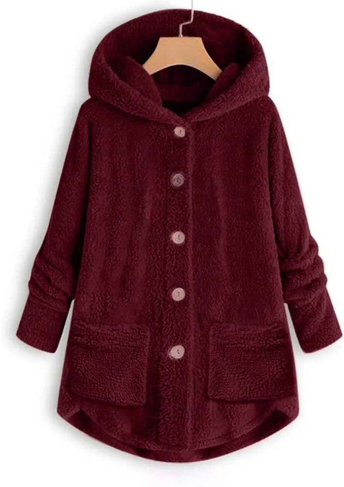 Sherpa Jacket Women Trendy Winter Long Sleeve Fleece Jacket Faux Fur Outerwear Full Button Warming Coats with Pockets