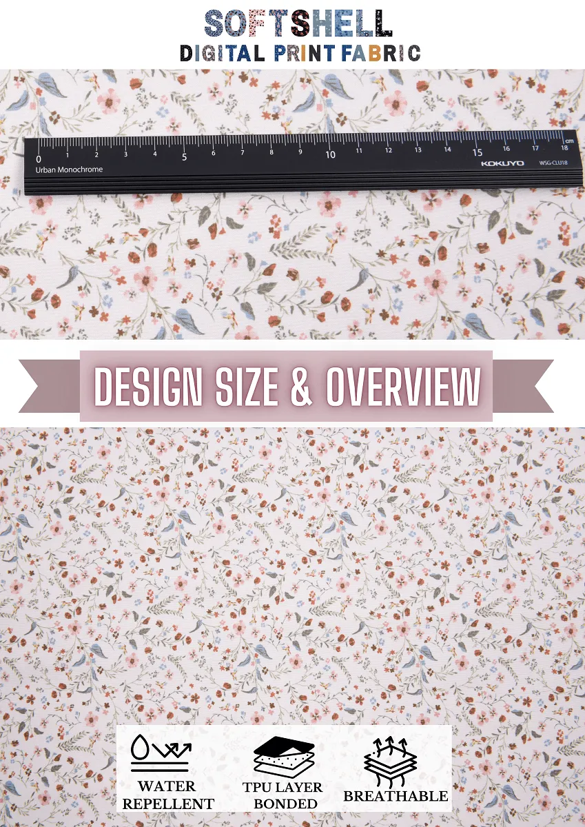 Softshell fabric Spring Floral  Print Waterproof Water Repellent Resistant