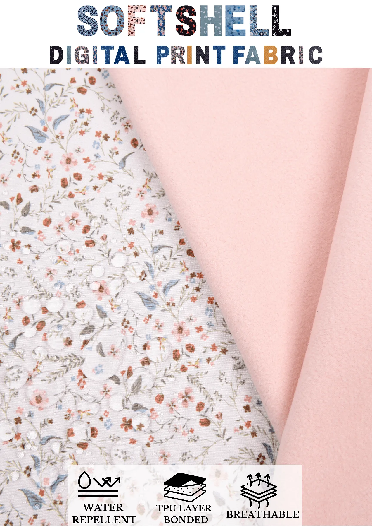 Softshell fabric Spring Floral  Print Waterproof Water Repellent Resistant