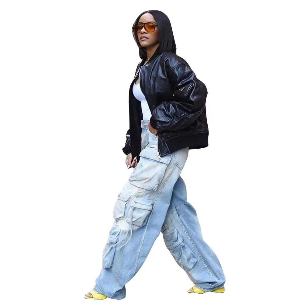 Straight Wide Leg  Cargo Denim Pants with Flap Pockets