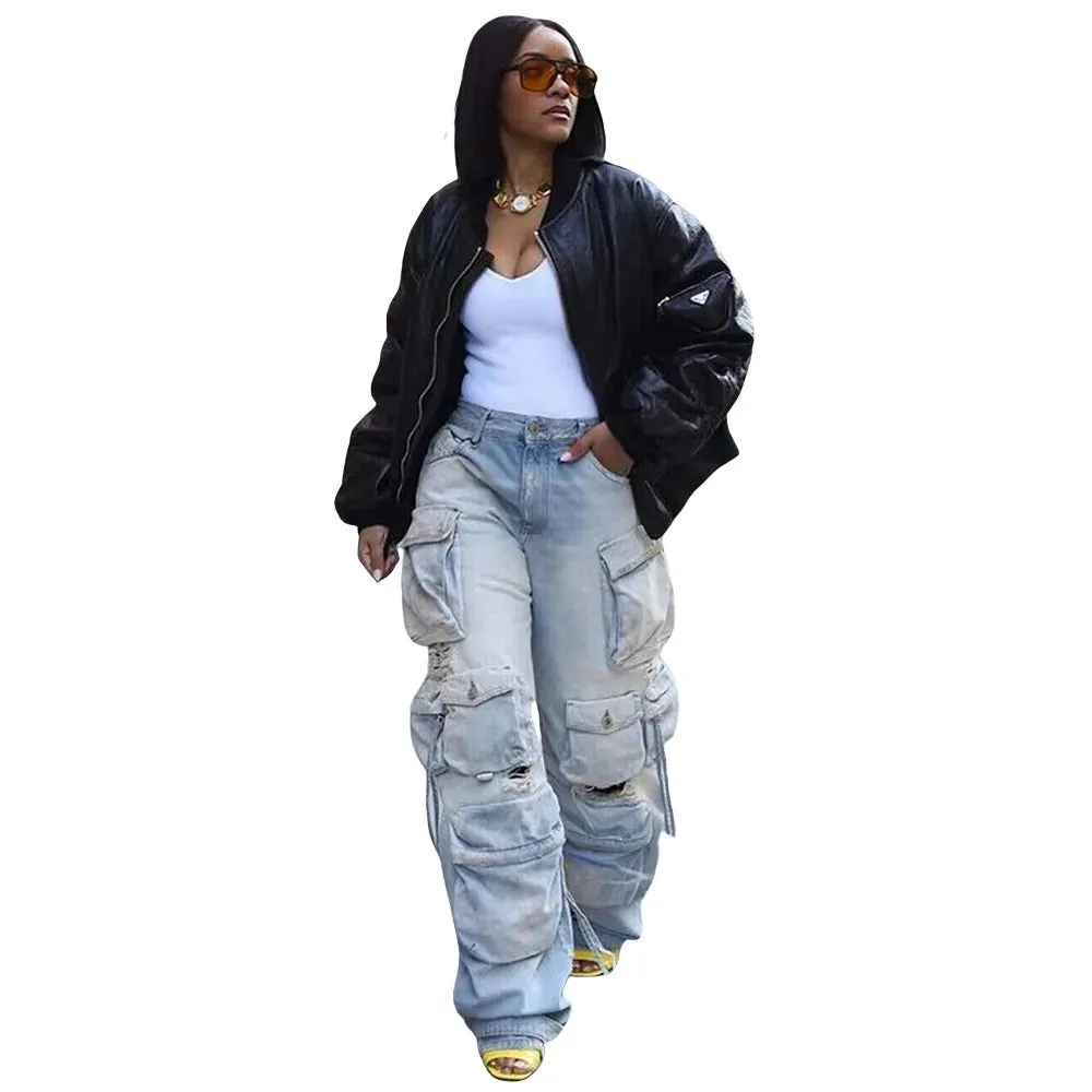 Straight Wide Leg  Cargo Denim Pants with Flap Pockets