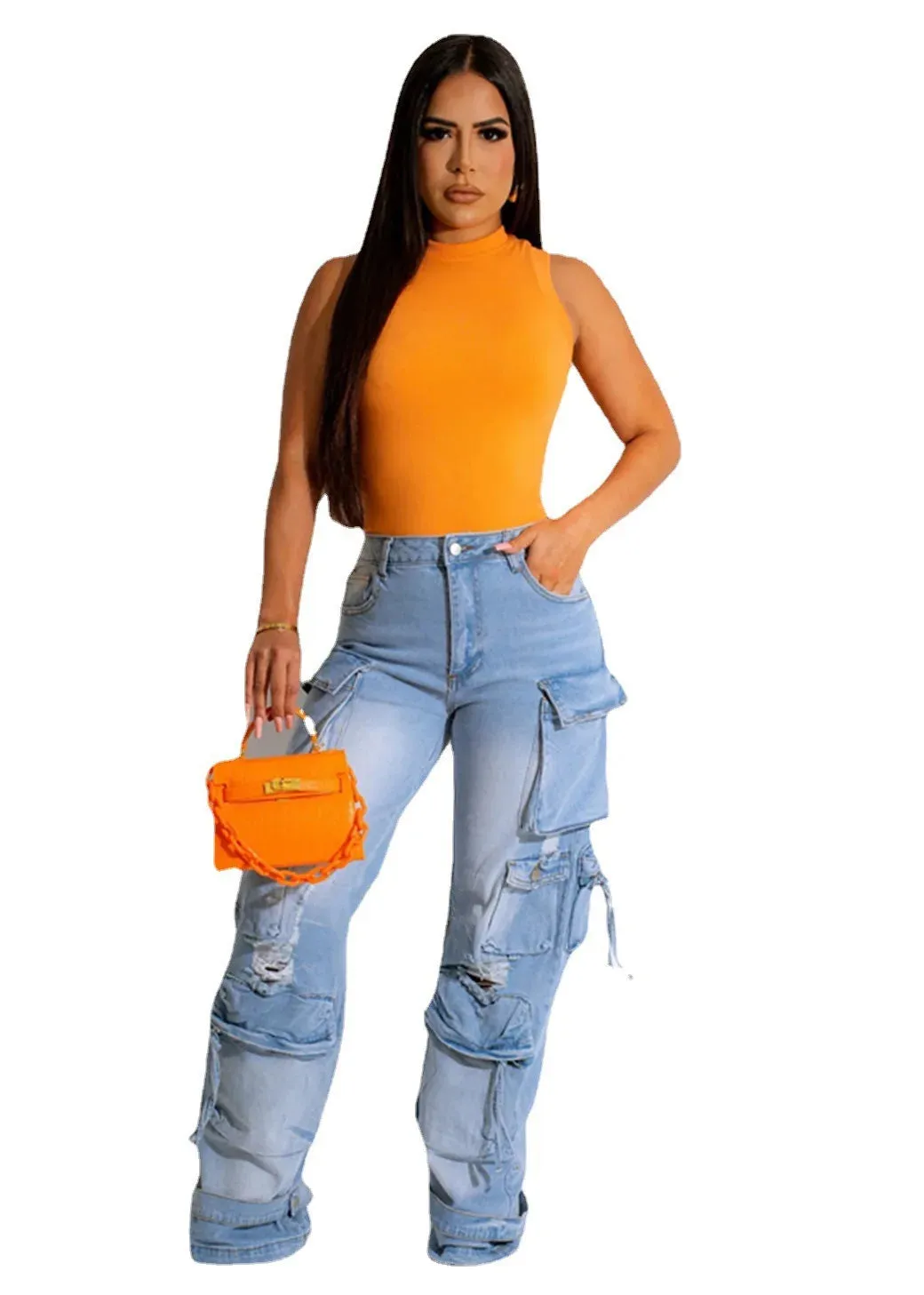 Straight Wide Leg  Cargo Denim Pants with Flap Pockets