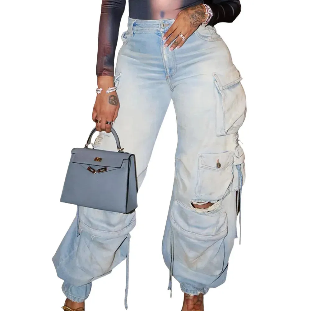 Straight Wide Leg  Cargo Denim Pants with Flap Pockets