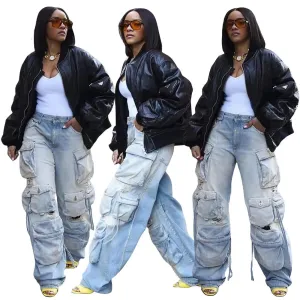 Straight Wide Leg  Cargo Denim Pants with Flap Pockets