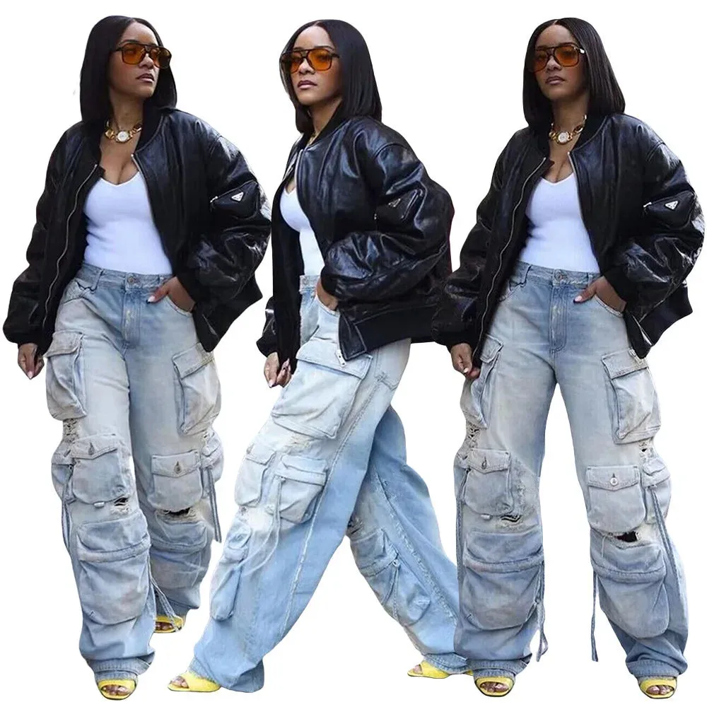 Straight Wide Leg  Cargo Denim Pants with Flap Pockets