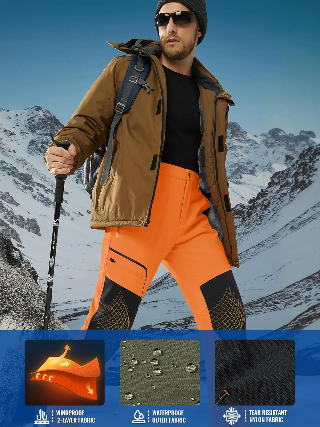 TACVASEN Men's Snow Ski Pants Fleece Lined Winter Hiking Pants Water Resistant Insulated Snowboard Work Outdoor
