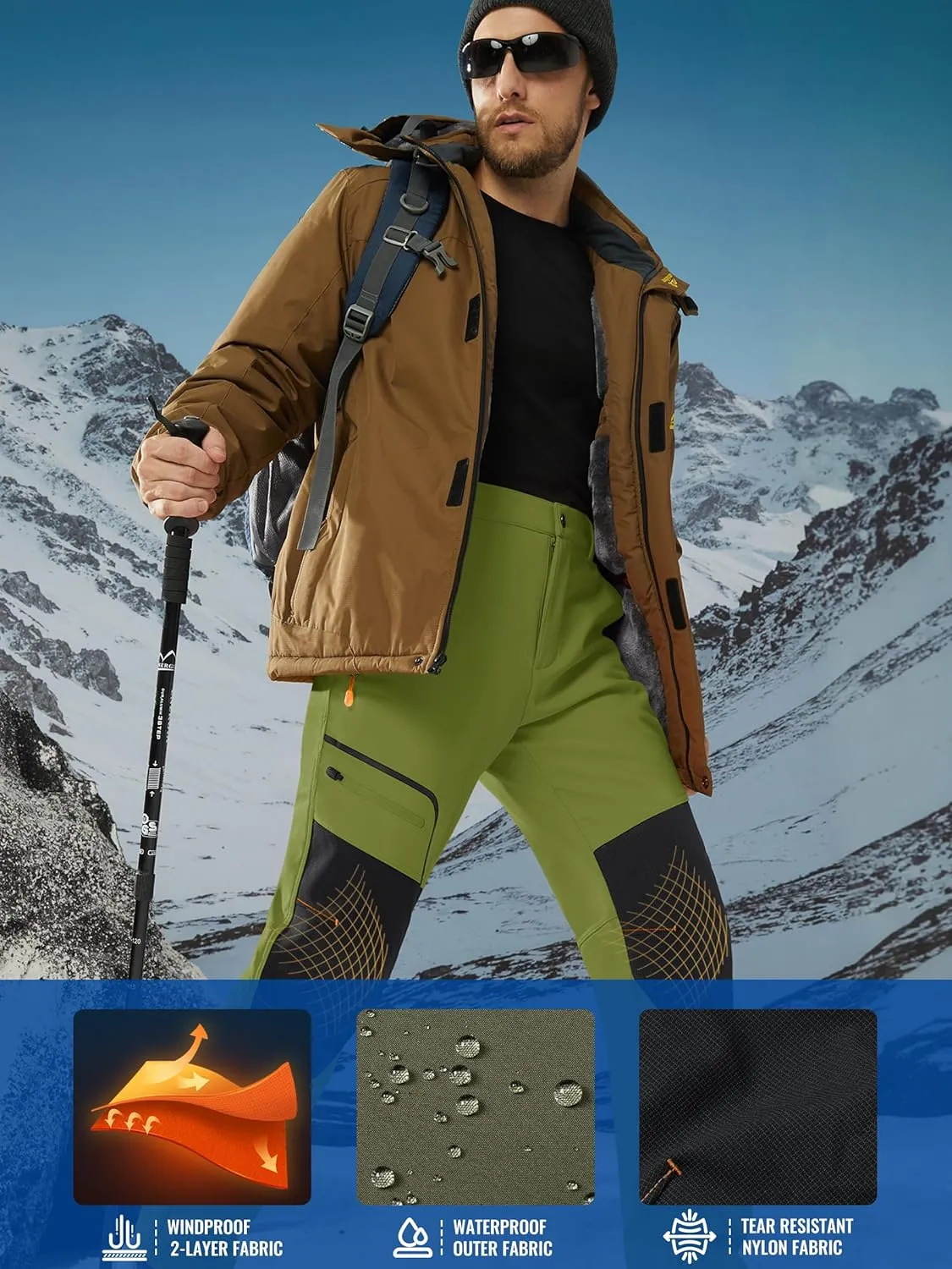 TACVASEN Men's Snow Ski Pants Fleece Lined Winter Hiking Pants Water Resistant Insulated Snowboard Work Outdoor