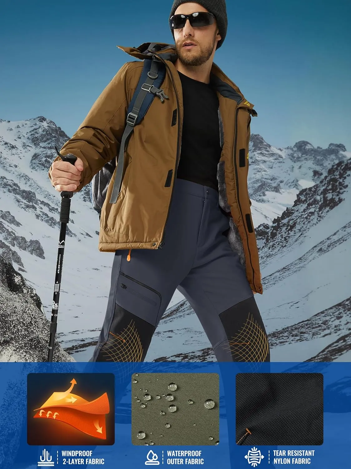 TACVASEN Men's Snow Ski Pants Fleece Lined Winter Hiking Pants Water Resistant Insulated Snowboard Work Outdoor