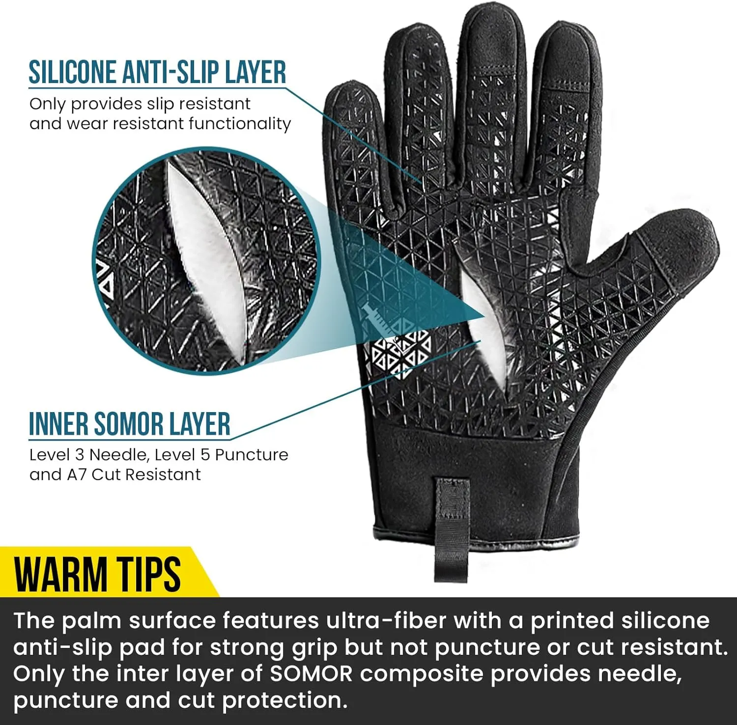 TAILI Level 3 Needle, Level 5 Puncture Resistant Men Work Gloves, Grip Enhanced A7 Cut Resistant Safety Gloves, Touchscreen and Breathable, Black, Large (L)