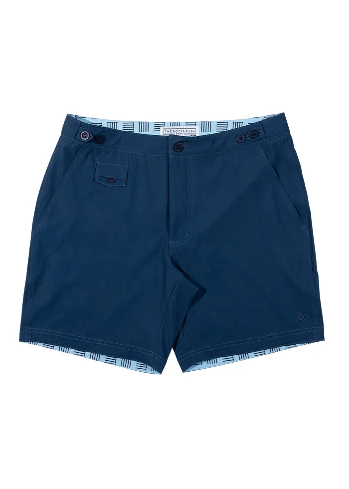 Tama Navy Mid Length Tailored Board Shorts