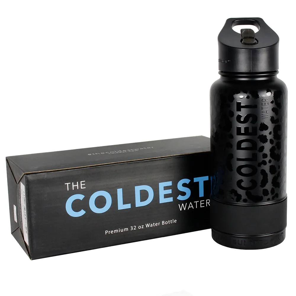 The Coldest Sports Water Bottle 32oz Straw Lid Stainless Steel Black Leopard