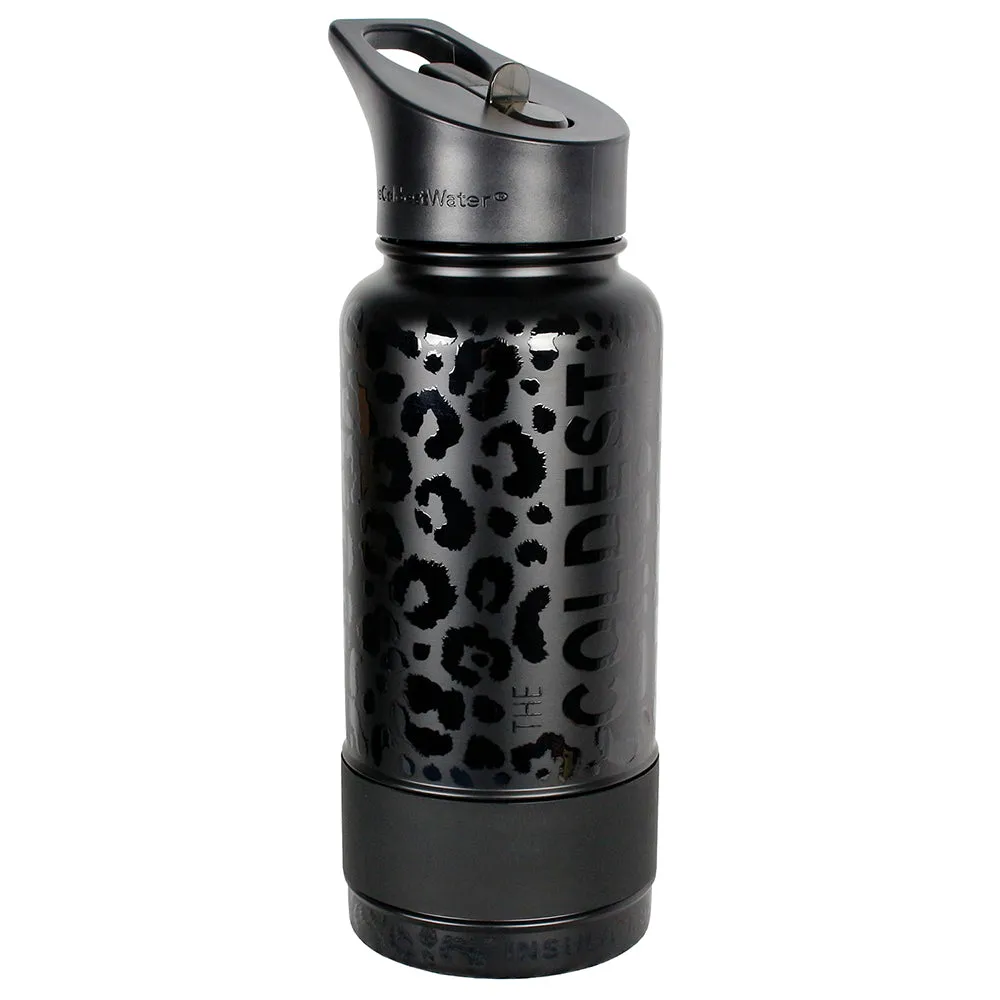 The Coldest Sports Water Bottle 32oz Straw Lid Stainless Steel Black Leopard