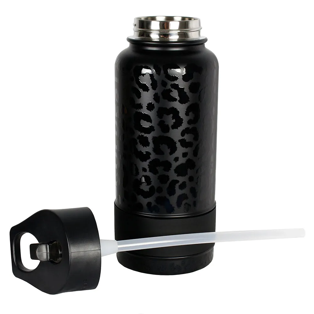 The Coldest Sports Water Bottle 32oz Straw Lid Stainless Steel Black Leopard