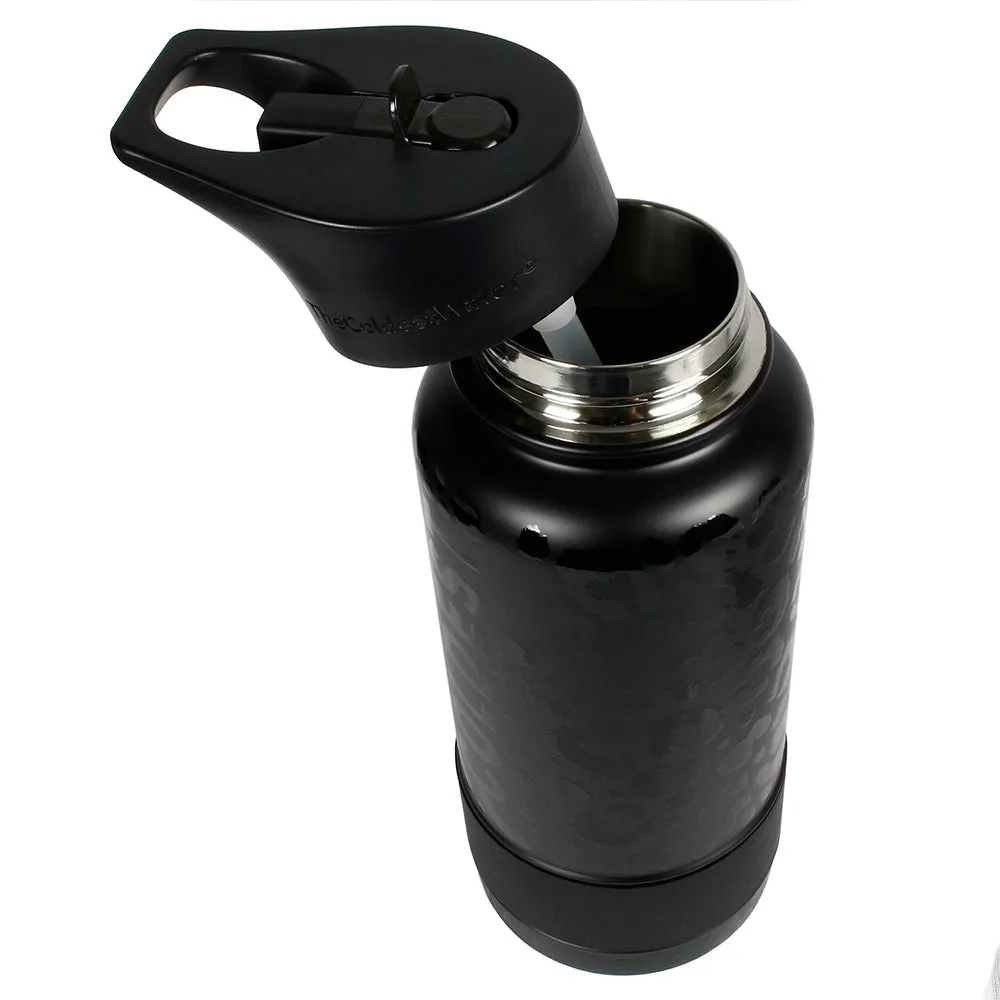 The Coldest Sports Water Bottle 32oz Straw Lid Stainless Steel Black Leopard