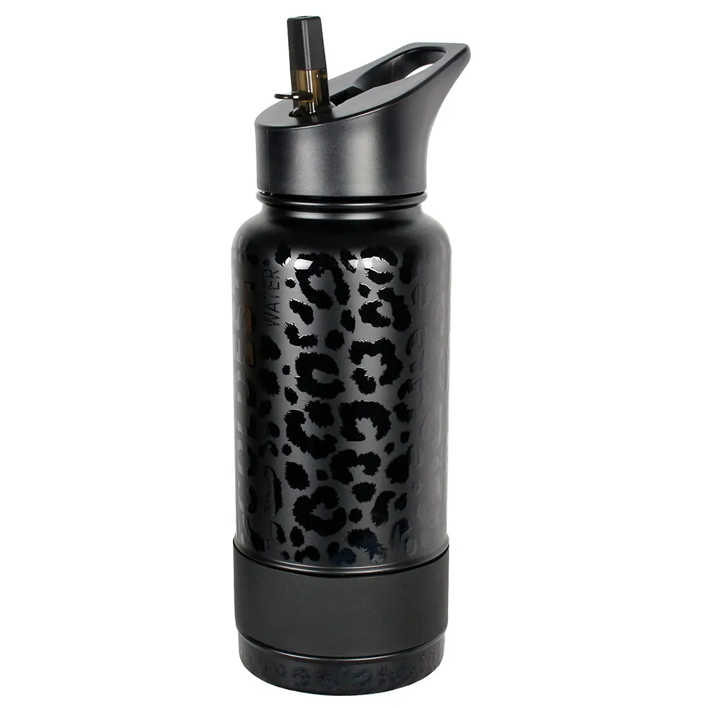 The Coldest Sports Water Bottle 32oz Straw Lid Stainless Steel Black Leopard