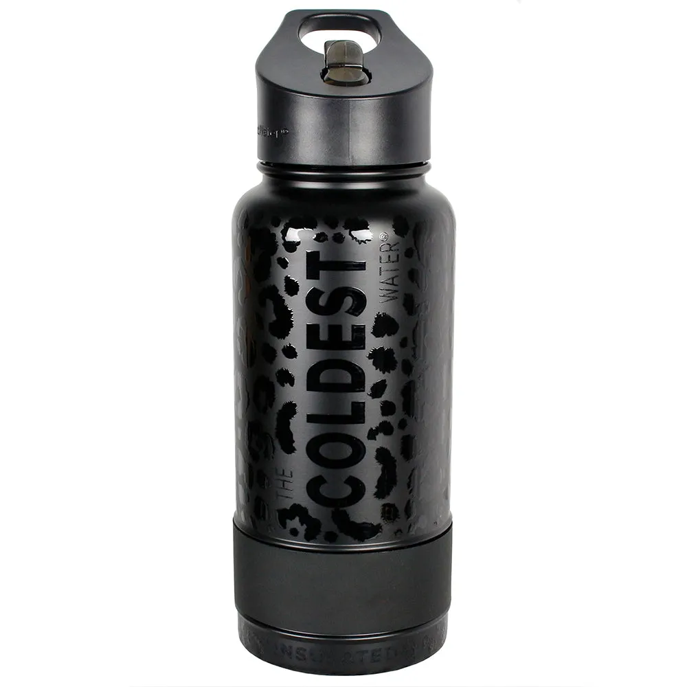 The Coldest Sports Water Bottle 32oz Straw Lid Stainless Steel Black Leopard