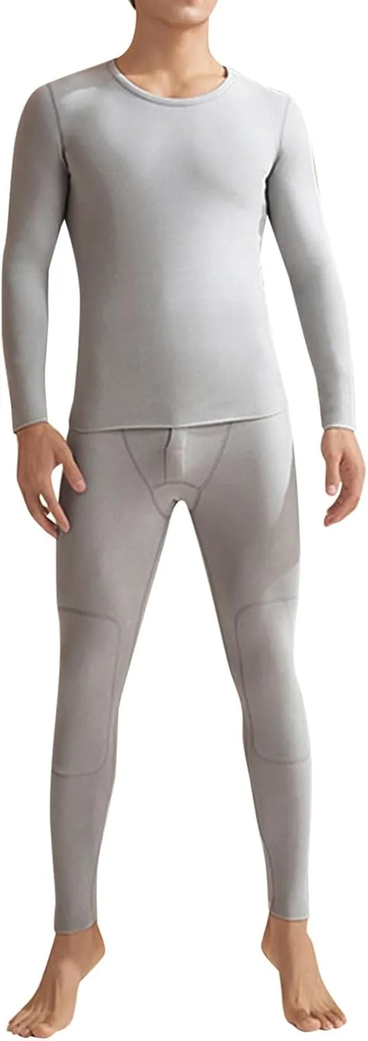 Thermal Underwear Long Johns for Men Men's Autumn and Winter Solid Round Cold Weather Fleece Lined Top Bottom