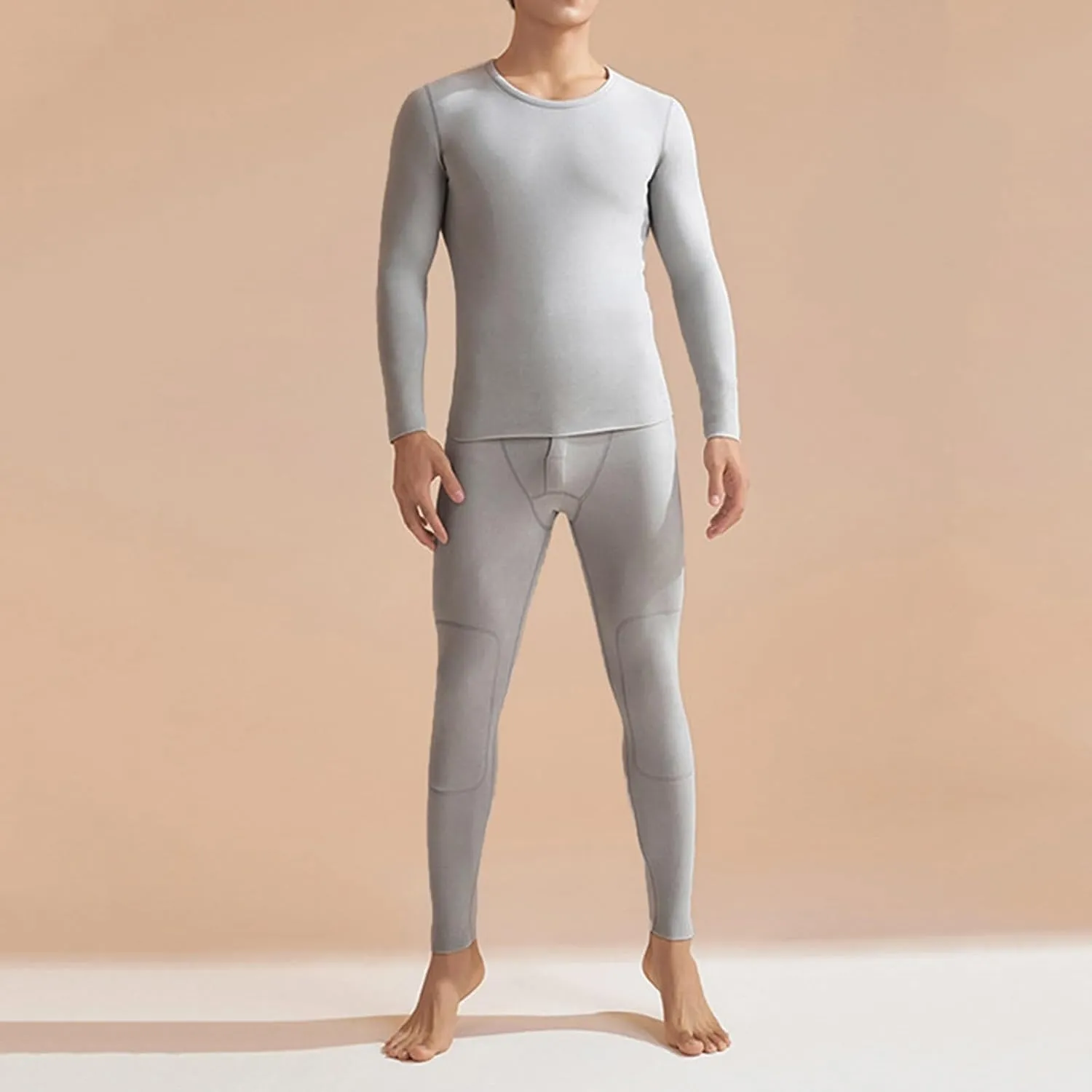 Thermal Underwear Long Johns for Men Men's Autumn and Winter Solid Round Cold Weather Fleece Lined Top Bottom