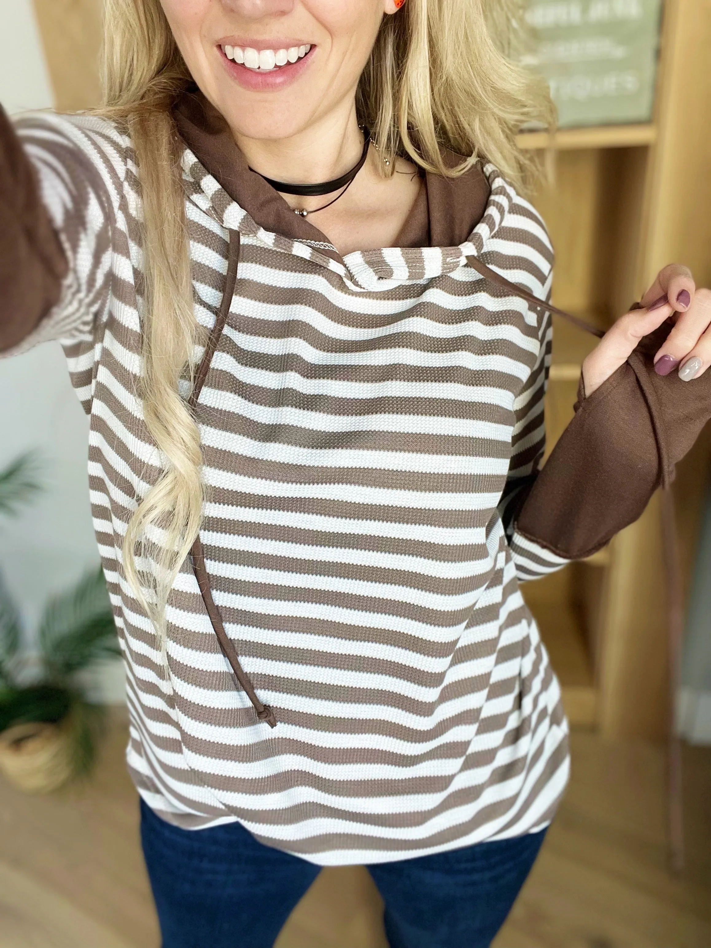 Things Change Striped Thermal Hoodie in Ivory and Mocha (SALE)