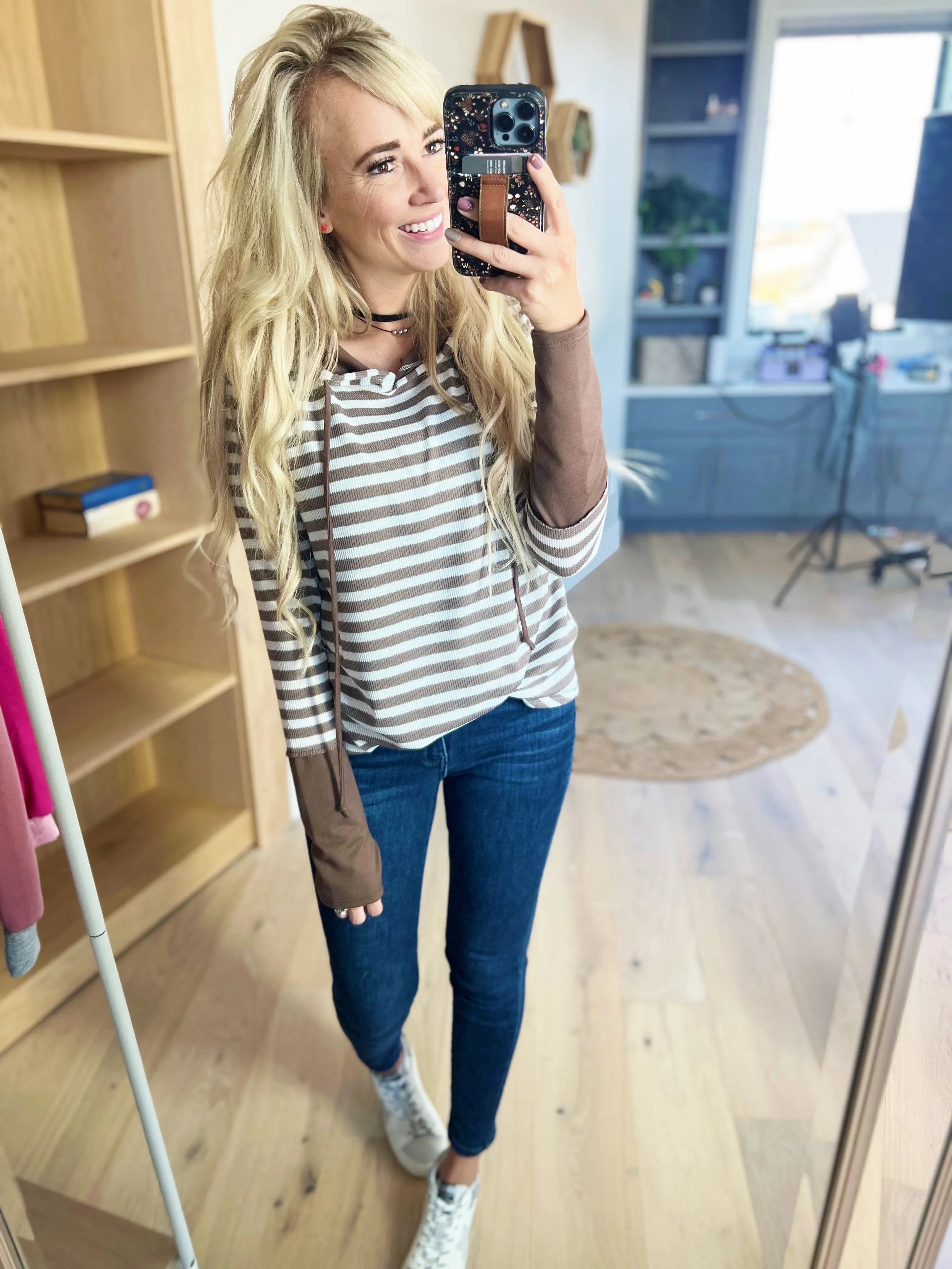 Things Change Striped Thermal Hoodie in Ivory and Mocha (SALE)
