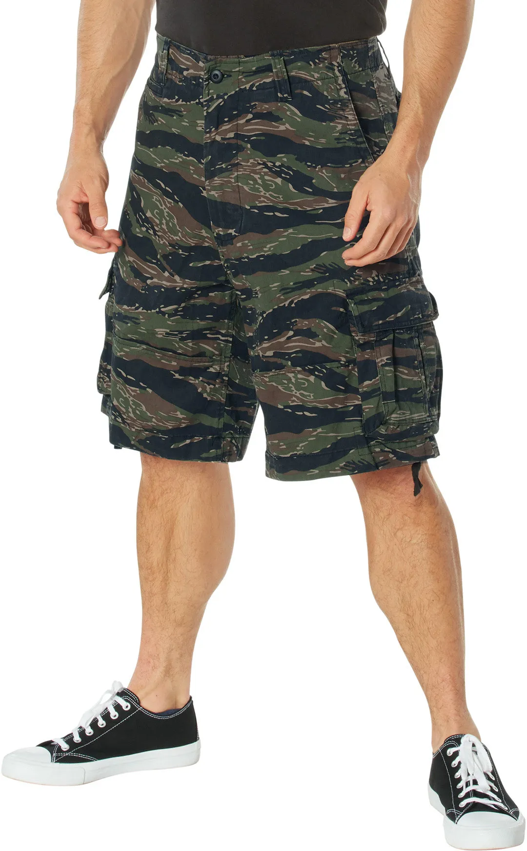 Tiger Stripe Camouflage - Vintage Infantry Utility Army BDU Cargo Shorts - Heavyweight Cotton - Zipper Fly