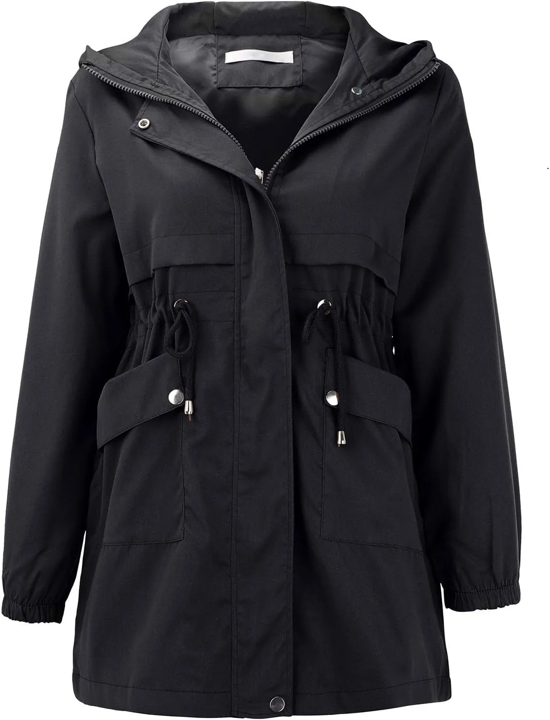 Trench Coat With Hood Women with Pockets Mid Length Windbreaker Casual Plus Size Drawstring Waist Zip Outdoor Jackets