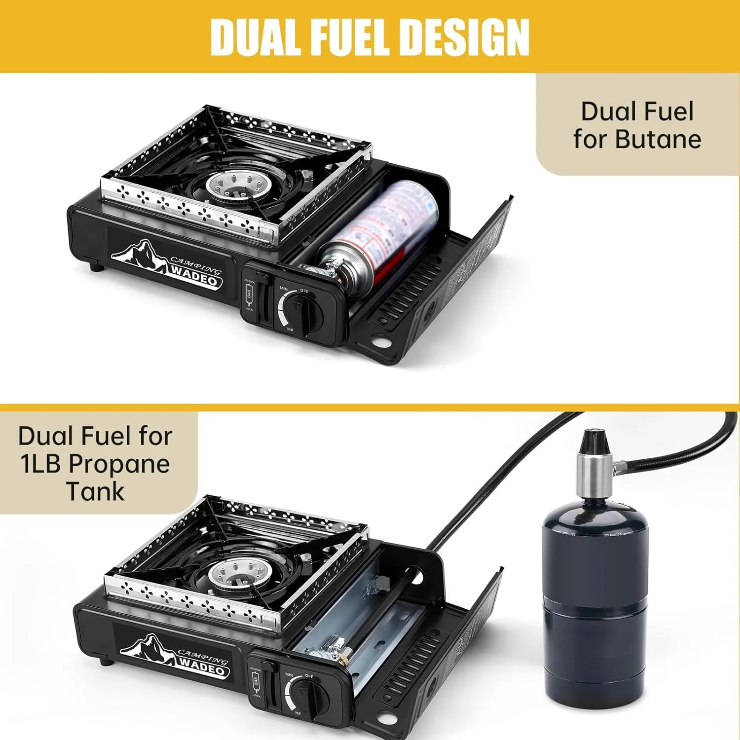 WADEO Dual Fuel Stove Portable Camping Stove with 3 Fpropane Regulator Hose, Portable Gas Stove Windshield Camping Stove for Camping Hiking Party ﻿
