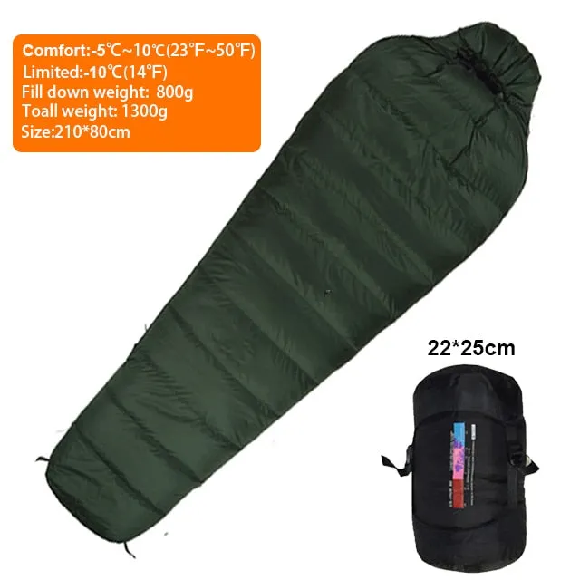 Warm White Duck Down Filled Adult Mummy Style Sleeping Bag