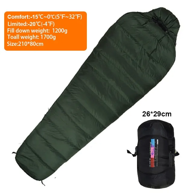 Warm White Duck Down Filled Adult Mummy Style Sleeping Bag