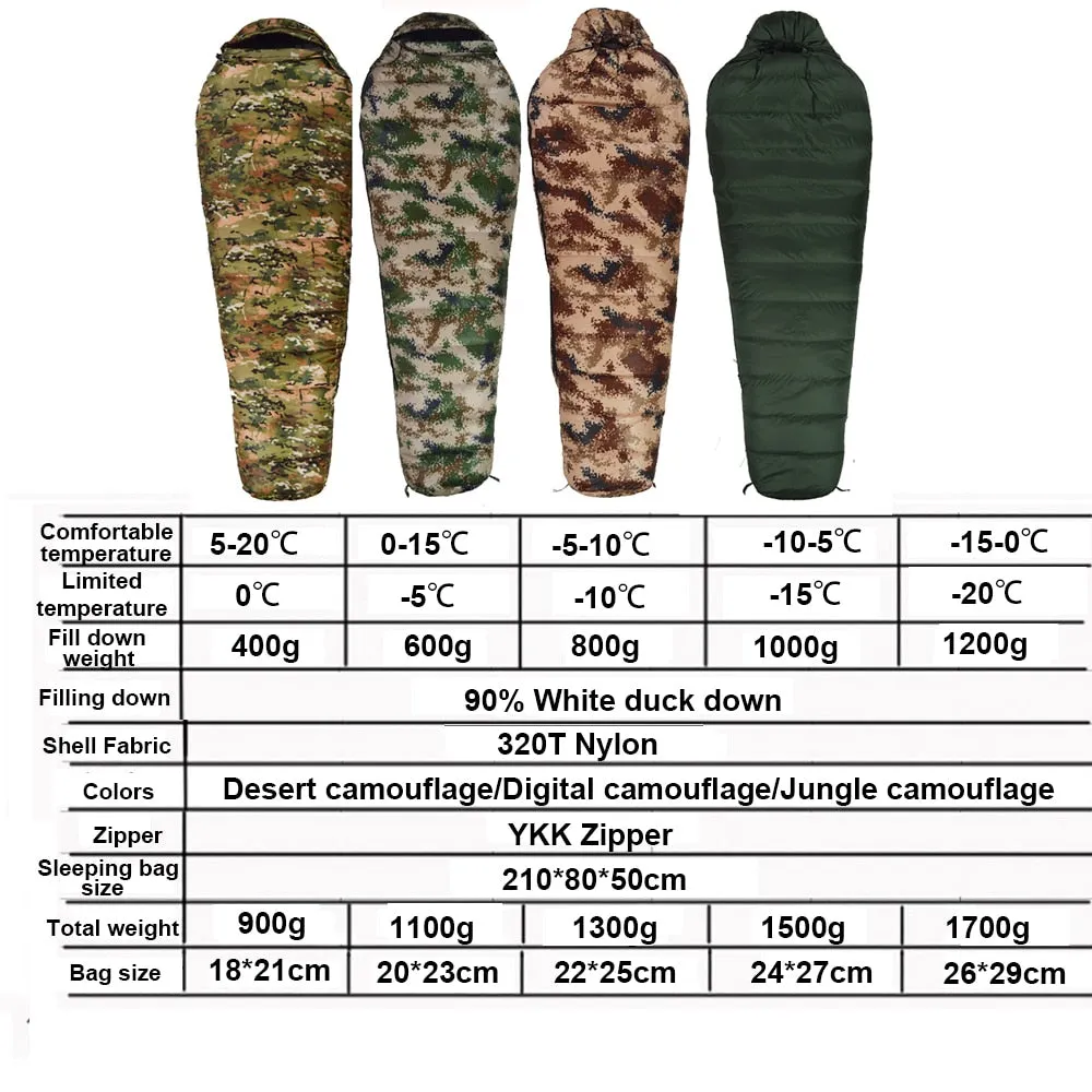 Warm White Duck Down Filled Adult Mummy Style Sleeping Bag