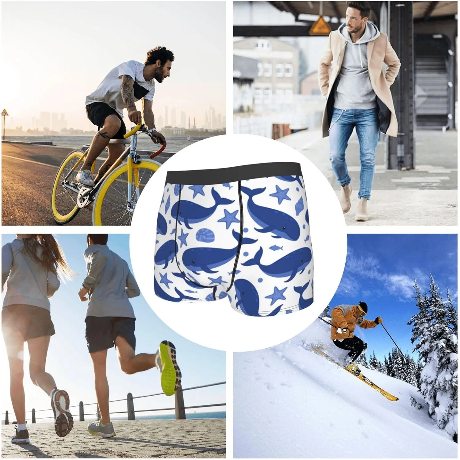 Whale Print Boxer Briefs For Men Breathable Underwear-