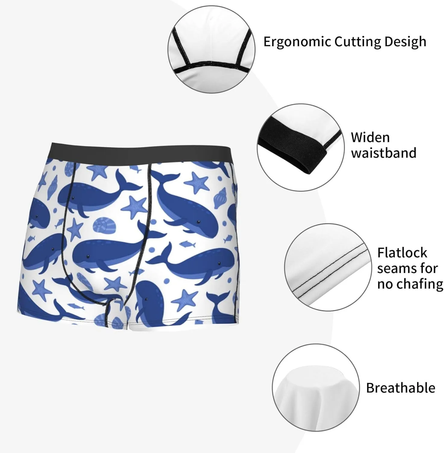 Whale Print Boxer Briefs For Men Breathable Underwear-