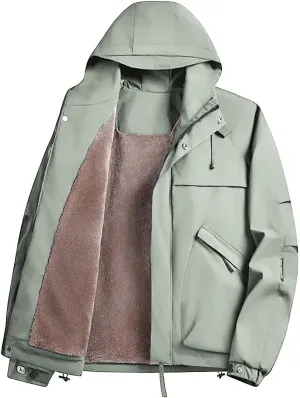 Windbreaker Jackets for Men Waterproof Lightweight Hooded Softshell Sherpa Lined Jacket Travel Jacket with Pocket