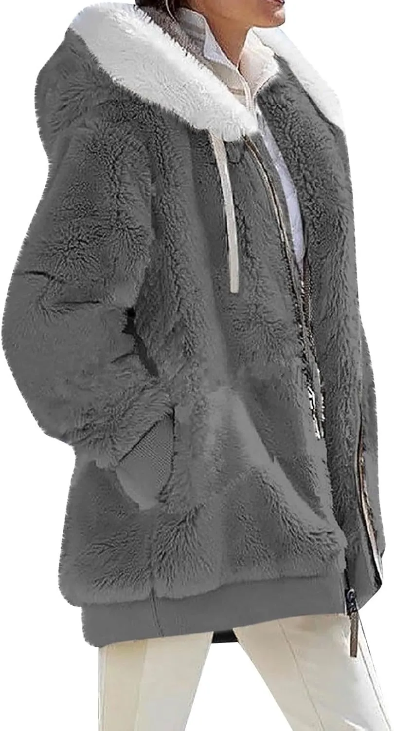 Winter Coat for Women Lightweight Fleece Plush Zipper Outerwear Hooded Sherpa Jacket Comfy Wool Coats with Pockets
