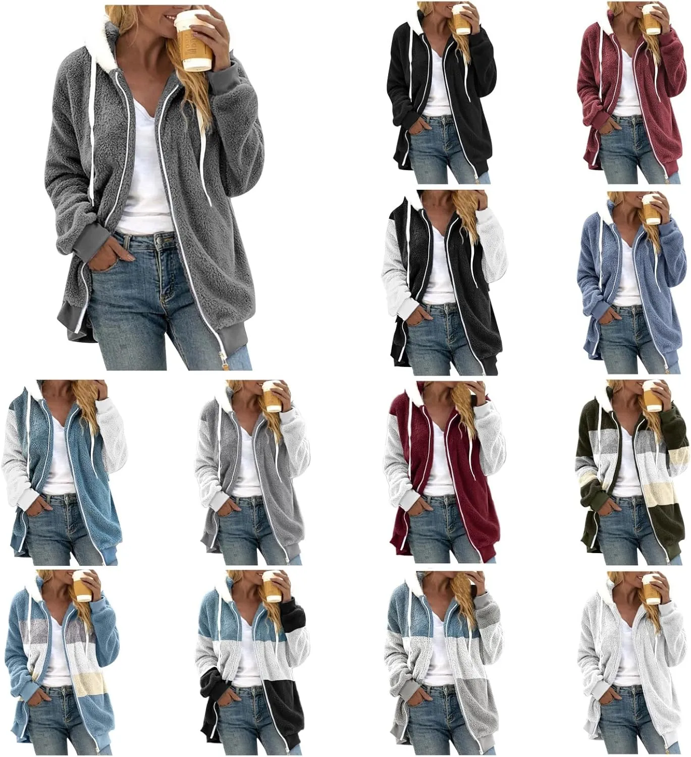 Winter Coat for Women Lightweight Fleece Plush Zipper Outerwear Hooded Sherpa Jacket Comfy Wool Coats with Pockets