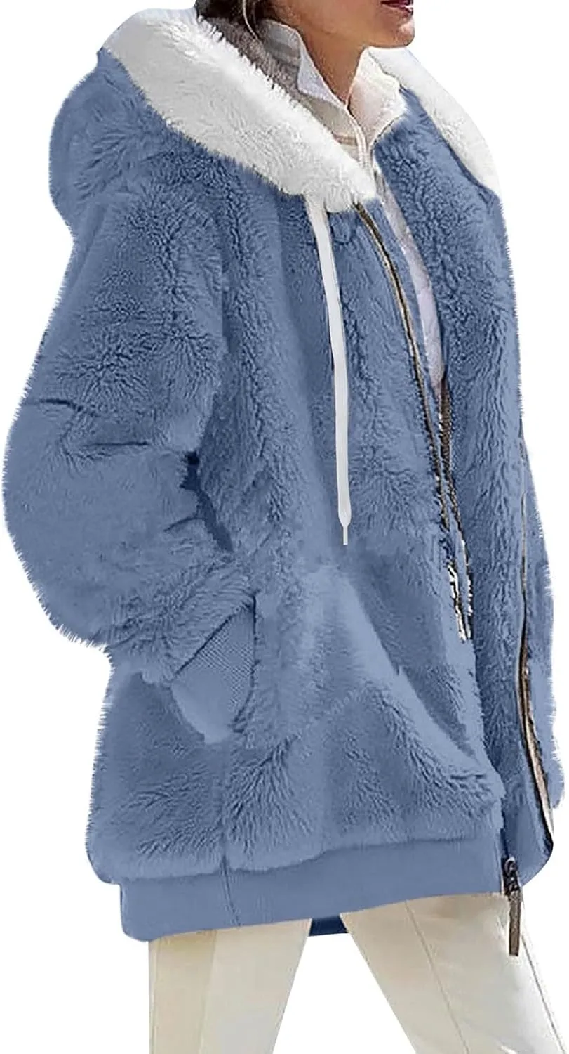Winter Coats for Women Y2k Clothes Fleece Jacket Women Full Zip Up Hoodie Abrigos De Mujer Invierno En Oferta Fuzzy Sherpa Jacket Thick Warm Clothes Holiday Tops for Women Fashion(J-Light Blue,M)