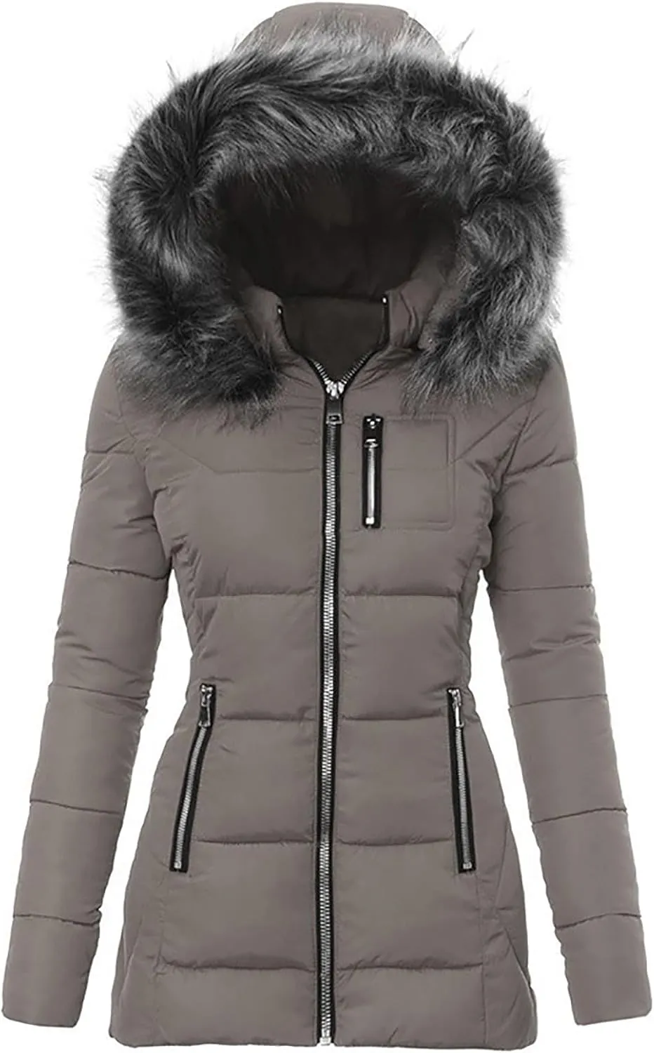 Winter Daily Outdoor Commuting Puffer Coat for Womens Long Sleeve Hooded Pockets Down Coat Insulated Warm Slim Outwear
