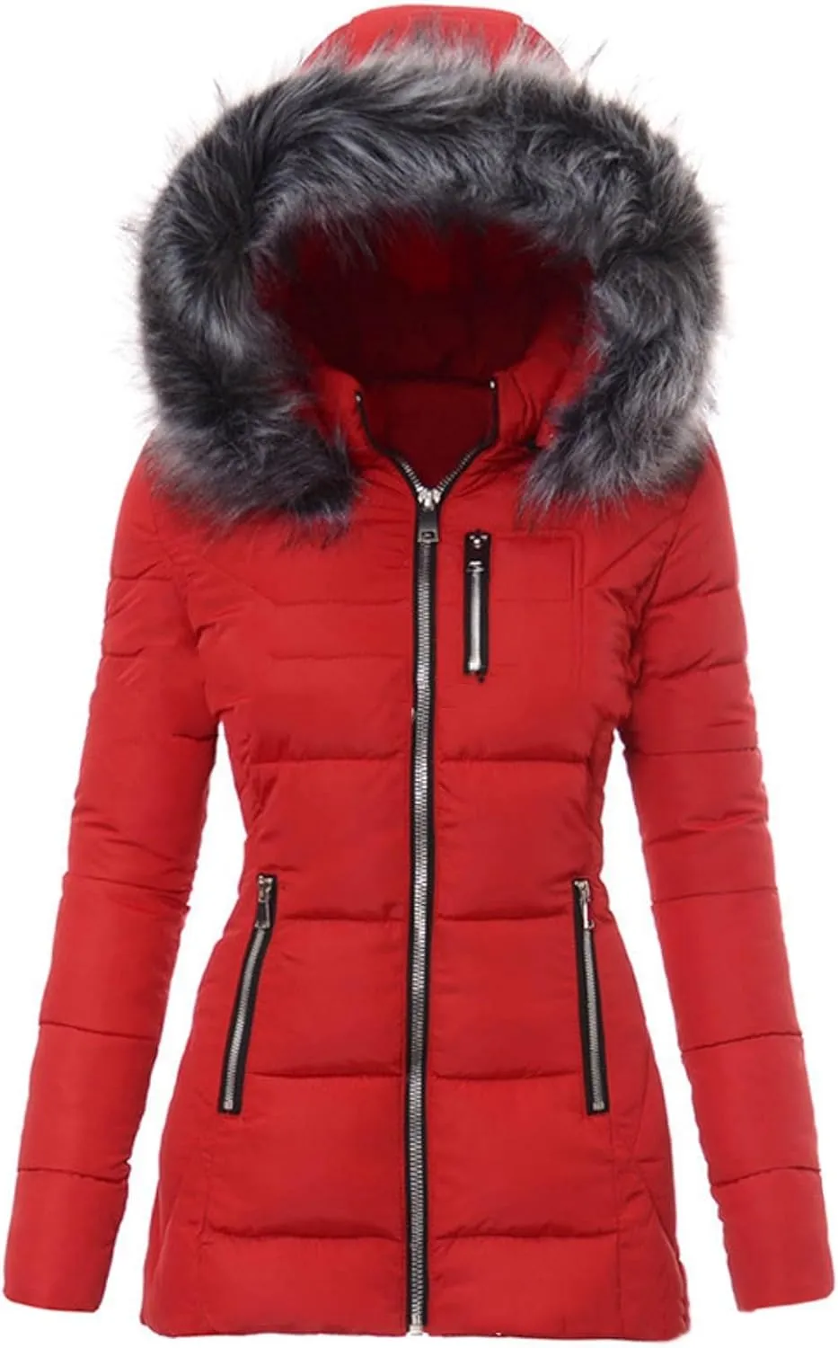 Winter Daily Outdoor Commuting Puffer Coat for Womens Long Sleeve Hooded Pockets Down Coat Insulated Warm Slim Outwear