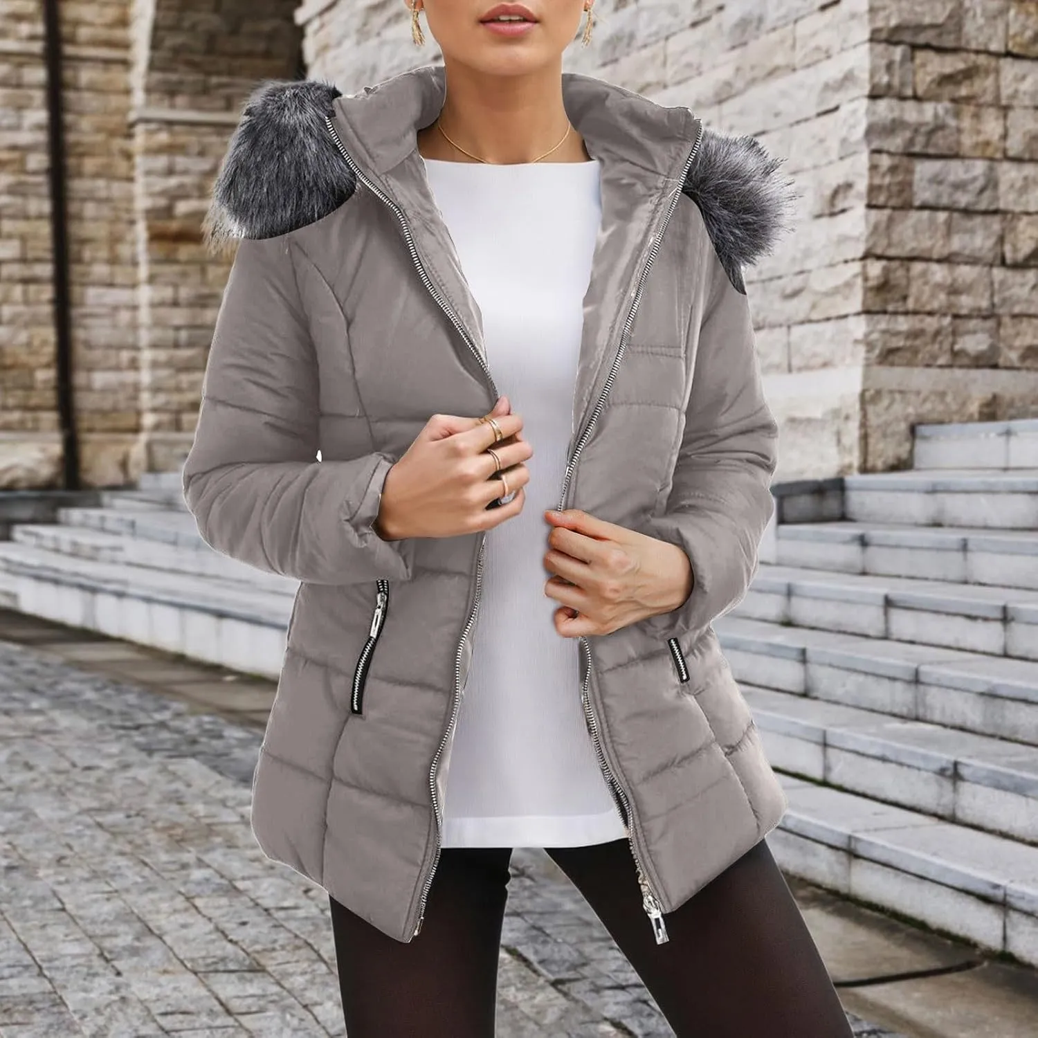 Winter Daily Outdoor Commuting Puffer Coat for Womens Long Sleeve Hooded Pockets Down Coat Insulated Warm Slim Outwear