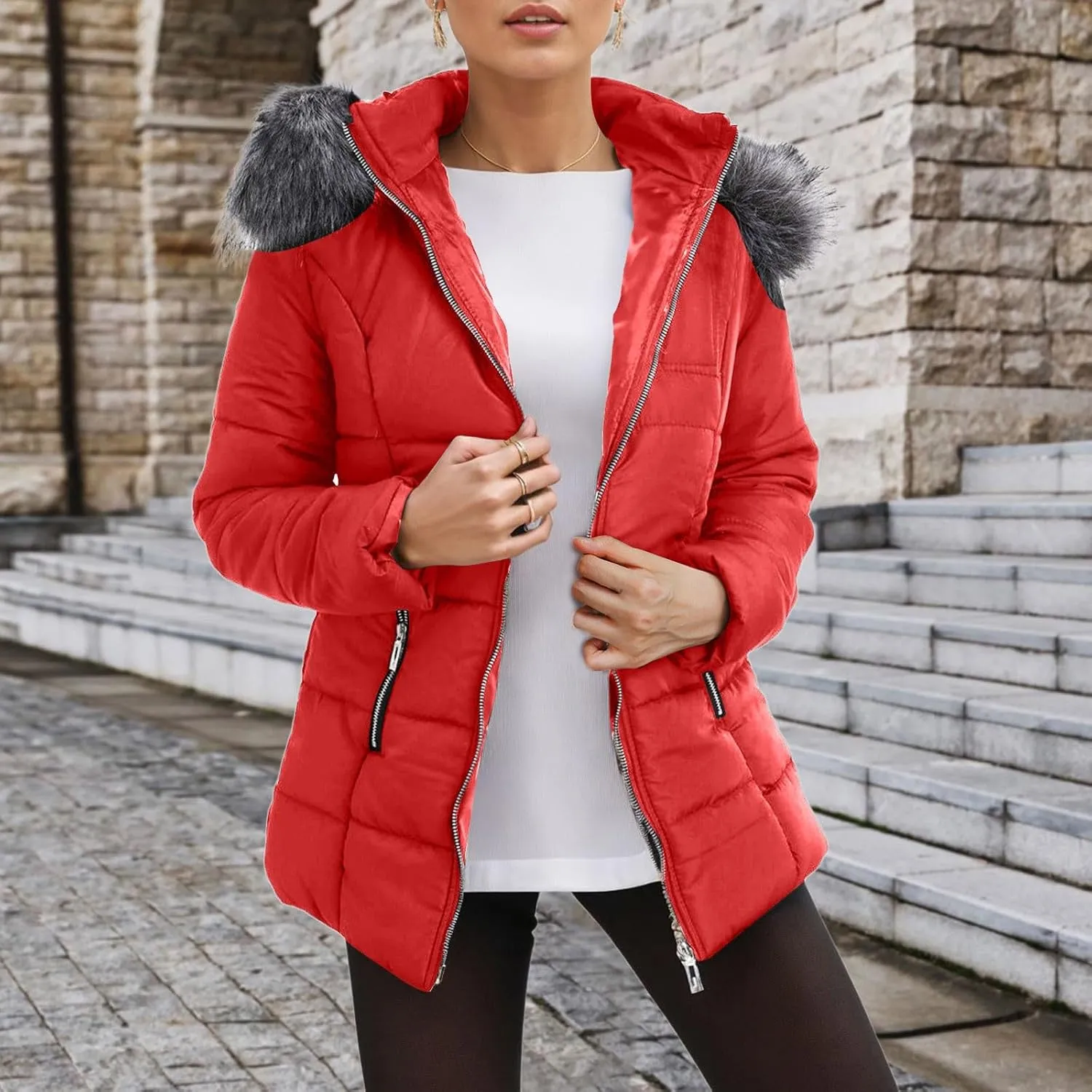 Winter Daily Outdoor Commuting Puffer Coat for Womens Long Sleeve Hooded Pockets Down Coat Insulated Warm Slim Outwear