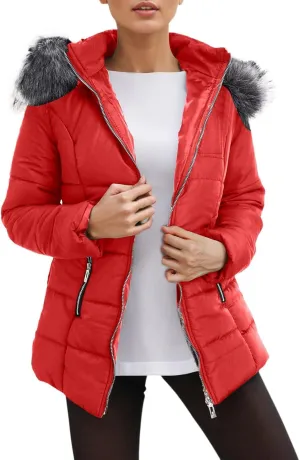 Winter Daily Outdoor Commuting Puffer Coat for Womens Long Sleeve Hooded Pockets Down Coat Insulated Warm Slim Outwear