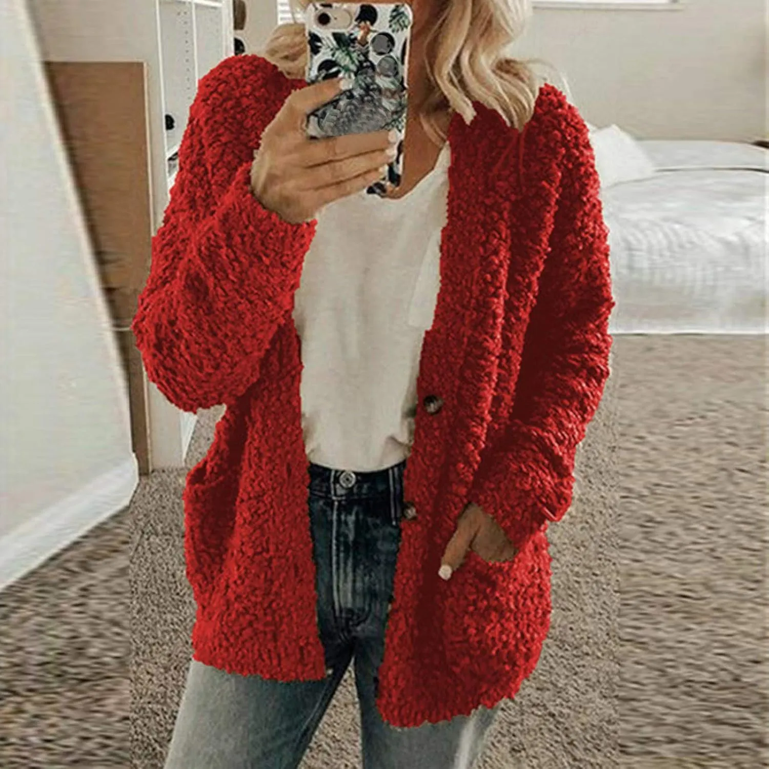 Winter Jackets for Women 2024 Fuzzy Fleece Warm Open Front Cardigans Jacket Casual Button Down Long Sleeve Lightweight Coats