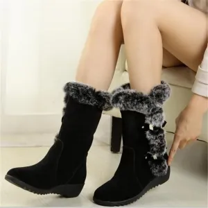 Winter Women Snow Boots Casual Warm Fur Mid-Calf Shoes Slip-On Round Toe wedges